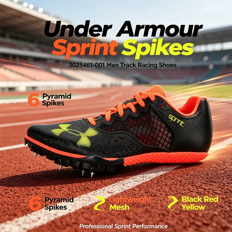 Under Armour 3025461 001 Men Sprint Track Spikes Racing Running Shoes 6 Pyramid Spikes Black Red Yellow