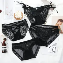 Fashion Sexy Black Lace Hollow Out Women Panties Low waist Thin Mesh Seamless Briefs Cotton Crotch Lingerie