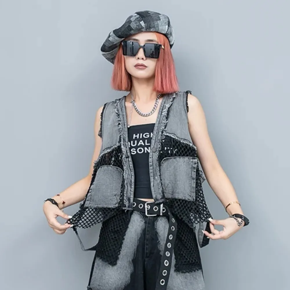 

Женский джинсовый жилет в стиле пэчворк, летний свободный облегающий короткий жилет LX1204, 2024