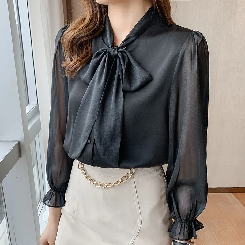 OL Commute Bow Scarf Collar Chiffon Shirt 2022 Women\'s Clothing Elegant Fashion Korean Solid Color Long Sleeve Blouse Female