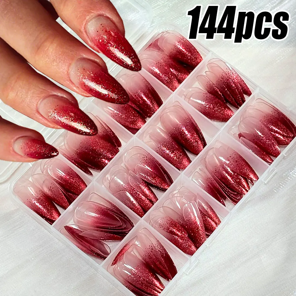 144pcs Valentine's Day Bling Glitter Red French Fake Nails L