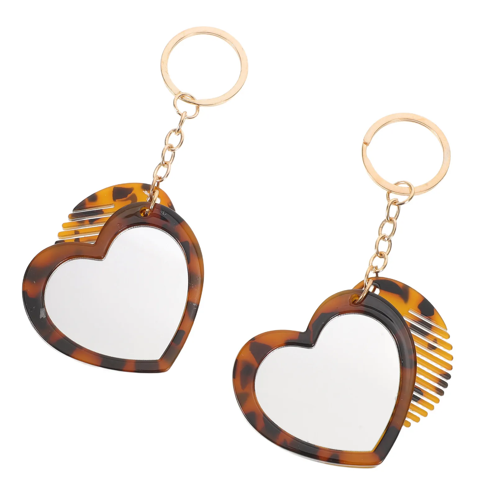 2Sets Pocket Mirror Keychain Heart Shaped Compact Travel Makeup Mini Comb Purse Charm Vanity Mirror for Teen