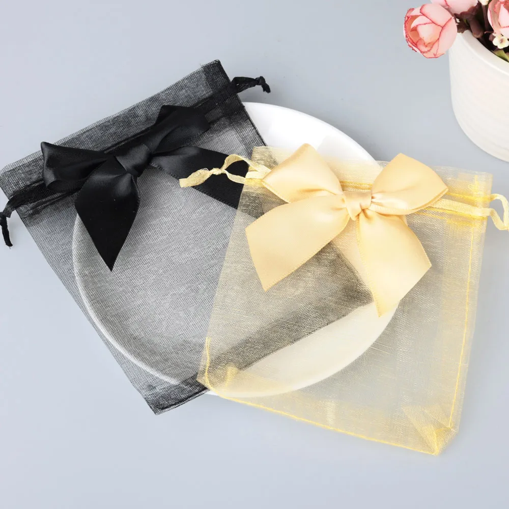 10pcs/lot 9x12cm New Organza Bag Bowknot Gift Christmas Party Wedding Candy Bags Exquisite Jewelry Packing Drawstring Pouch