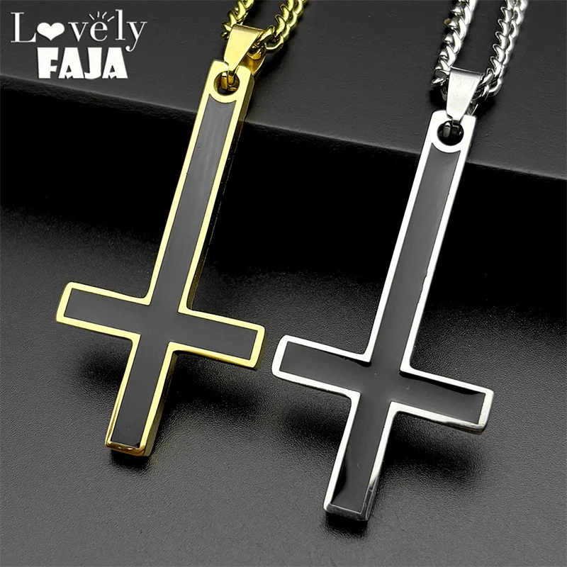 Stainless Steel Upside Down Cross Witchcraft Pagan Necklace for Women Men Inverted Cross Black Enamel Chain Necklace Jewelry