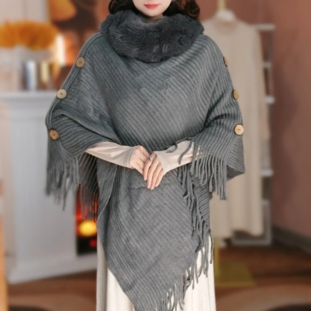 

Модный женский пуловер с мягкой бахромой, шаль средней длины, теплое пальто, вязаная шаль, шаль с меховым воротником на боковых пуговицах, подарок для мамы
