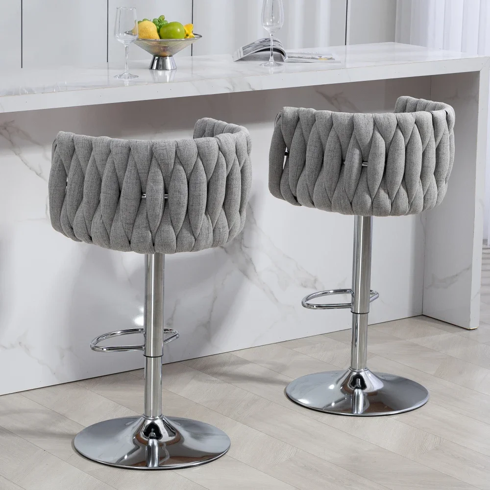 360° Swivel Bar Stools Set of 2, Height Bar Chairs with Woven Back Footrest,chromed Bar Stools Kitchen Cafe Pub Gray Stool Chair