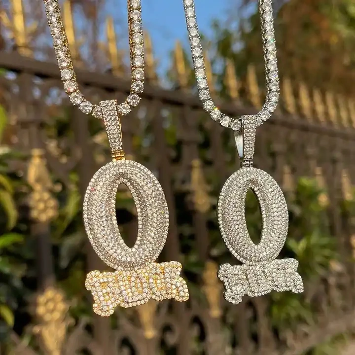 2024 Iced Out Letter Charm Letter O Block Pendant Necklace Bling Cubic Zirconia Punk Styles Hip Hop Men Boy Rope Chain Jewelry