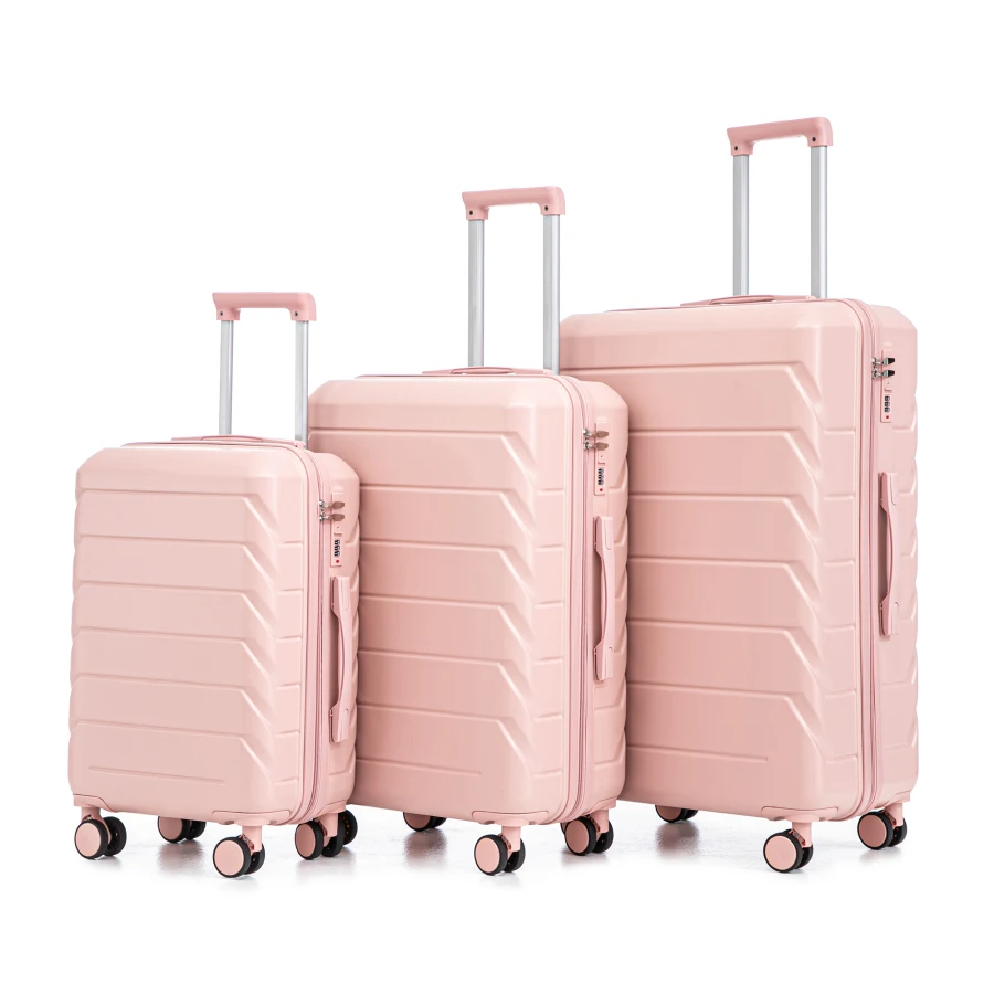 

Tourist luggage set for travel: ABS spinner wheels, 20/24/28, matching pink color, includes combination lock