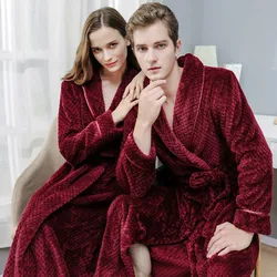 Thick Flannel Couple Robe Sleepwear Burgundy Coral Fleece Long Sleeve Bathrobe Home Clothes Autumn Winter Wam Loose Lounge Wear