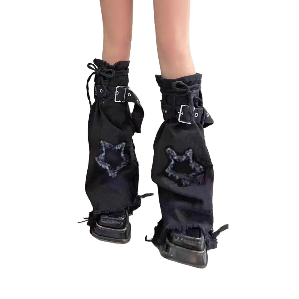 

Japanese JK Lolita Y2K Denim Leg Warmers Denim Cloth Stars Cross Trumpet Leg Covers Pile Up Socks Footcover Long Stockings