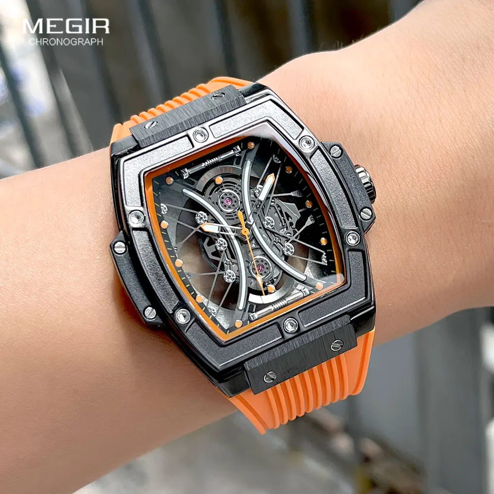 MEGIR Fashion Analog Quartz Watch Men Tonneau Dial Waterproof Military Sport Wristwatch with Luminous Hands Orange Silicone Band