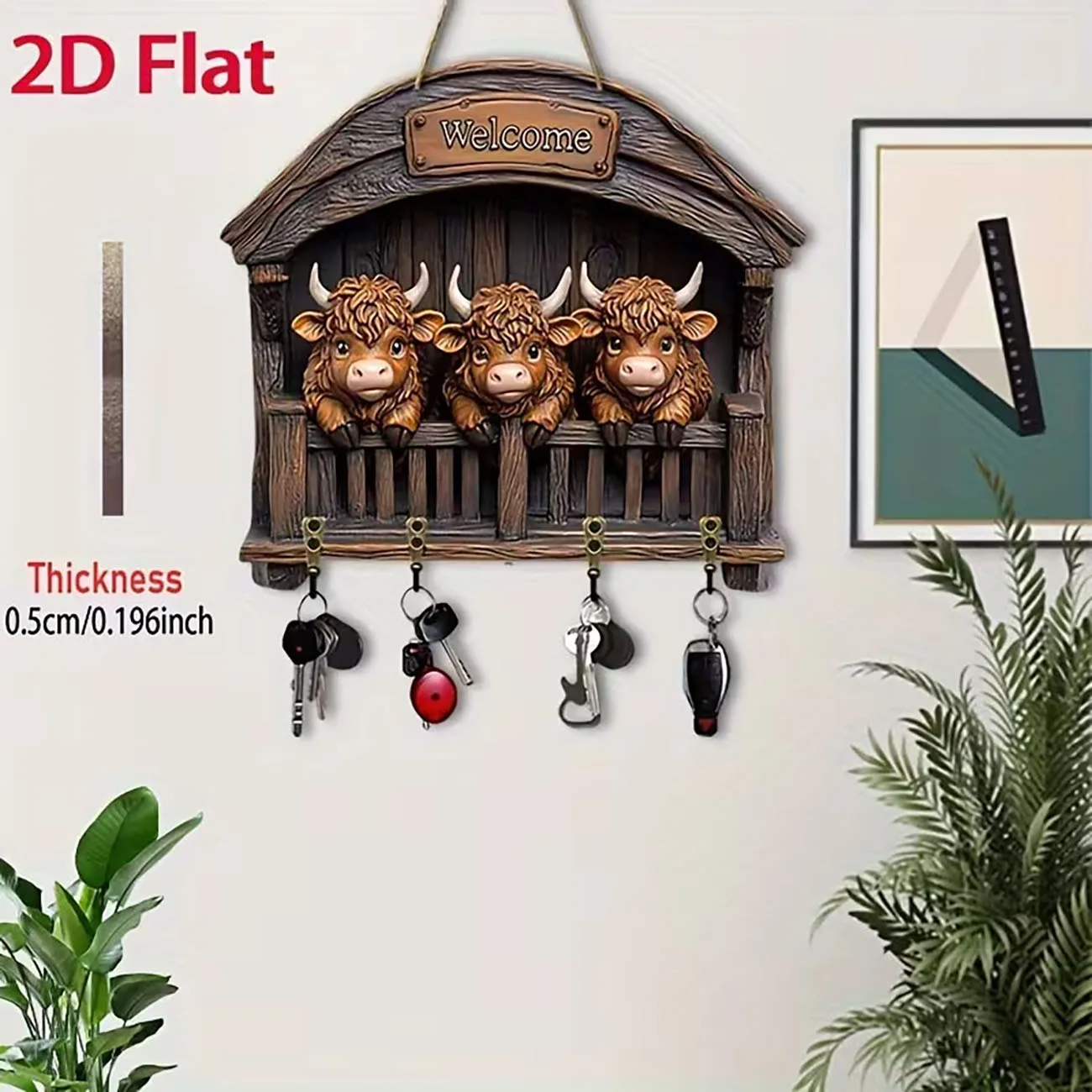 2D flat key holder with three highland cows print, four hooks, rustic welcome wall decor for farmhouse home.