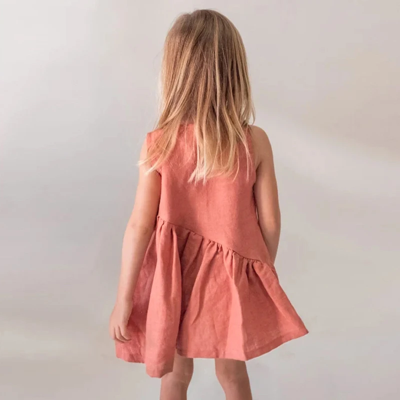 Girls Mori Vintage Cotton And Linen Dress Summer New Sweet Sleeveless Irregular Splicing Ruffled Hem Baby Girl Princess Dresses