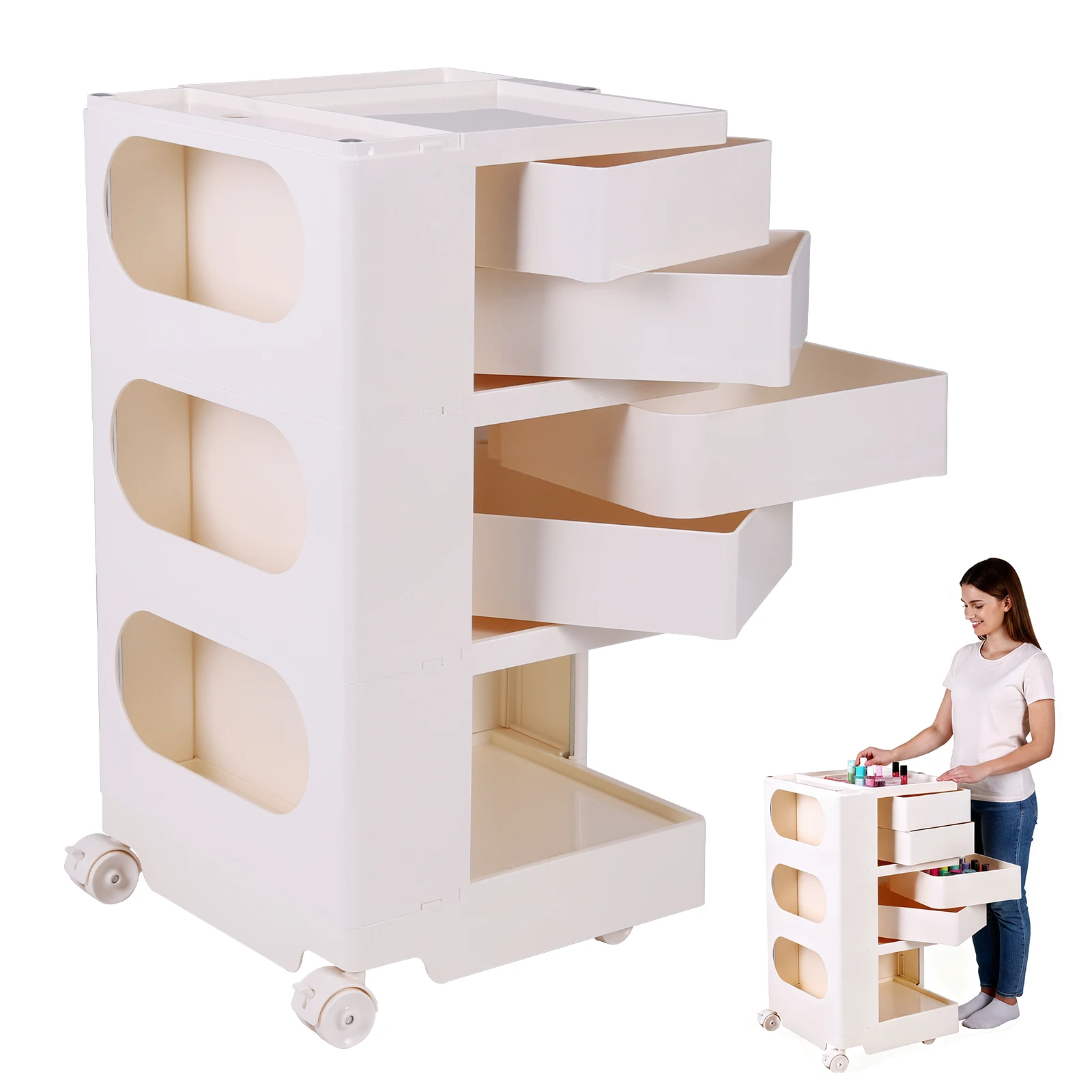 

Movable Utility Trolley Cart with Wheels Swing Out Drawers Hand Cart Large Capacity for Beauty Salon/Hairdresser