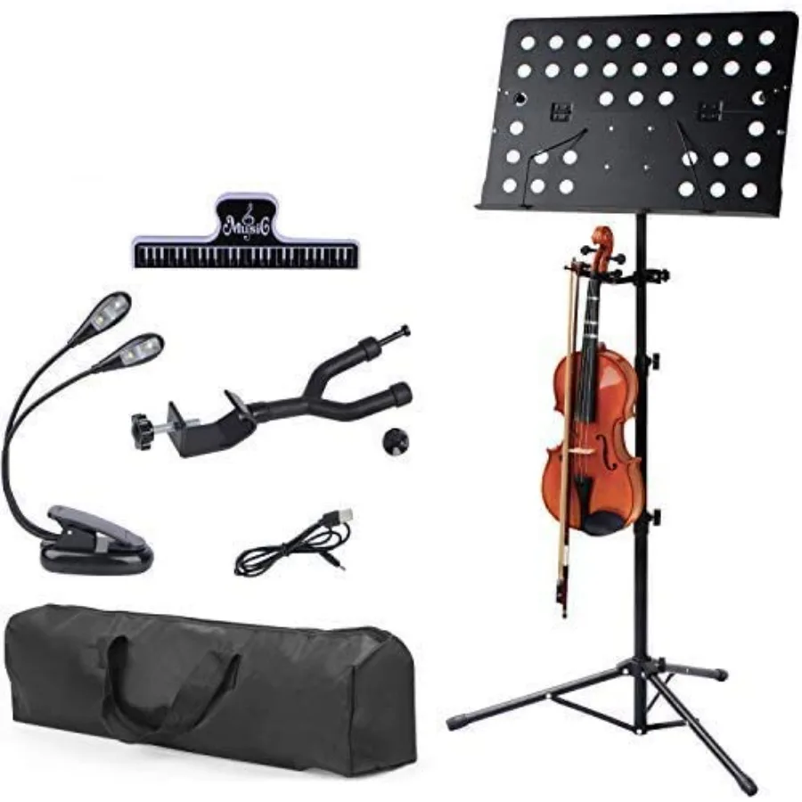 

Professional Sheet Music Stand with Violin Hanger, Folding and Portable Violin Stand With Travel Case, Black