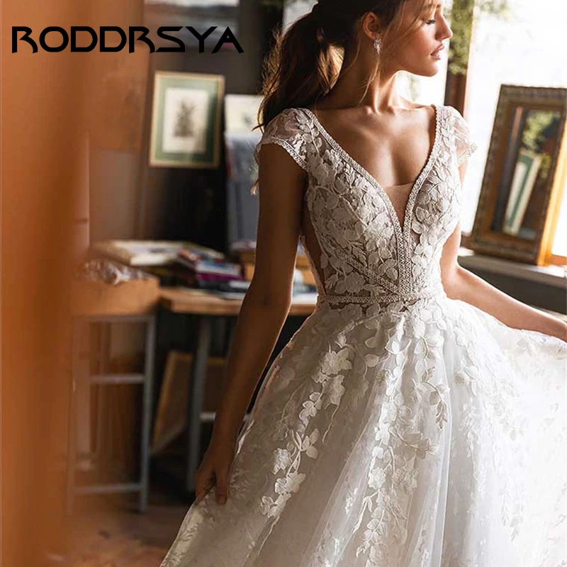 RODDRSYA-Robe de mariée dos nu à col en V sexy, manches cape élégantes, robe de patients A-ligne, appliques de tulle romantiques, 2023-Robe de mariée dos nu à col en V sexy, manches cape élégantes, robe de patients A-l