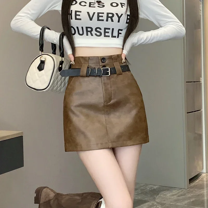 American Hot Girl PU Leather Skirts Y2k Chic with Belt Slimming A-line Mini Skirt Popular Fashion Sheath Skirts Streetwear Mujer