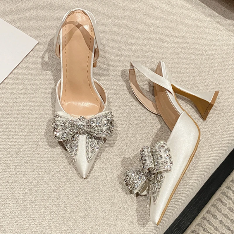 Liyke Fashion Sequined Crystal Bowknot Women Pumps Sexy Pointed Toe Red High Heels Wedding Banquet Shoes Ladies Slingback Sandal