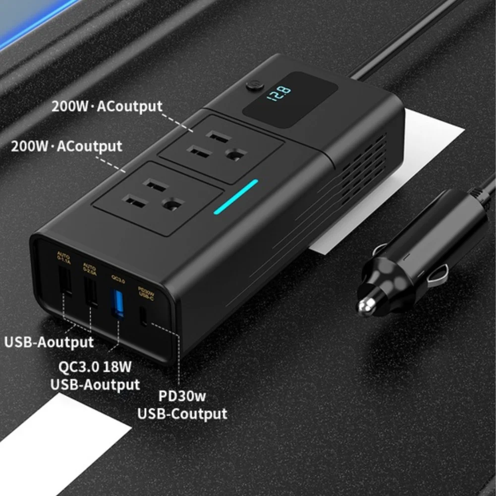 200W Car Power Inverter 12V To 110V AC Outlet Dual USB For Qc3.0 For Pd Fast Charging Port With LED Display For Travel Outdoor