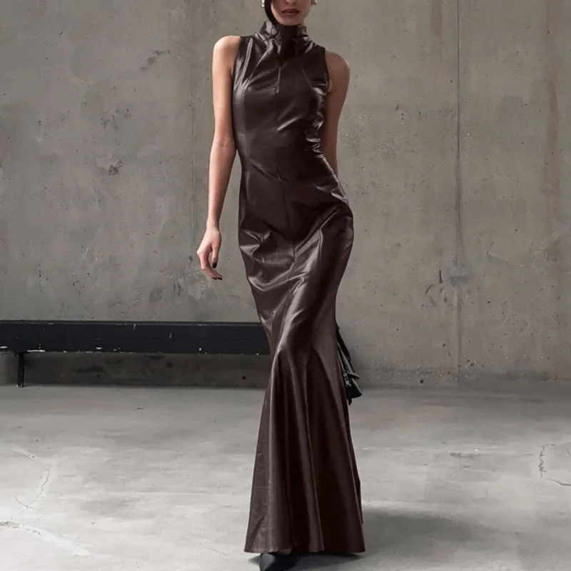 

Tuularose Vintage PU Leather Dress Women's Bodycon Sleeveless Ruffled Maxi Dress Elegant Luxury New Female Party Evening Dresses