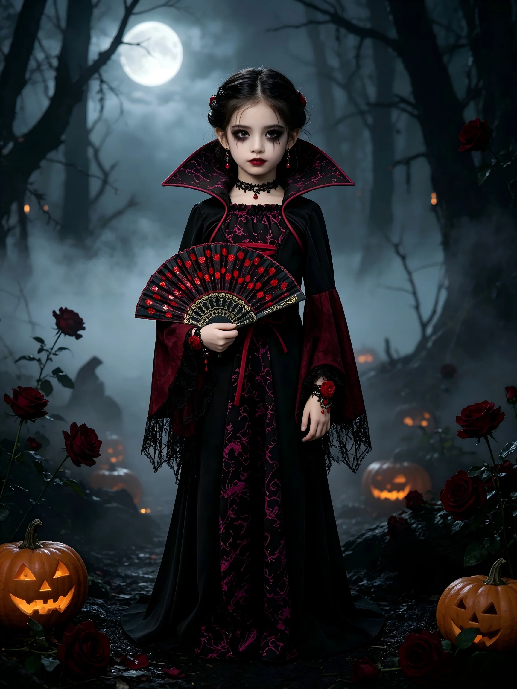 Kids Role Play Dress Girls Vampire Queen Cosplay Long Gown Flare Sleeve Lace Print Halloween Fancy Costume for Party Dress Up