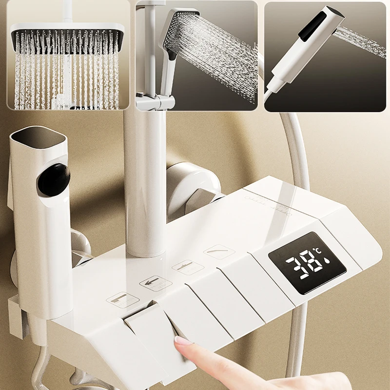 화이트 샤워 세트 피아노 키 욕실 샤워 시스템, 황동 욕조 온수 냉수 수도꼭지 세트, 디지털 디스플레이, 럭셔리 4 가지 모드 샤워 탑 1 뜨거운 판매 샤워 시스템 전체 세트 