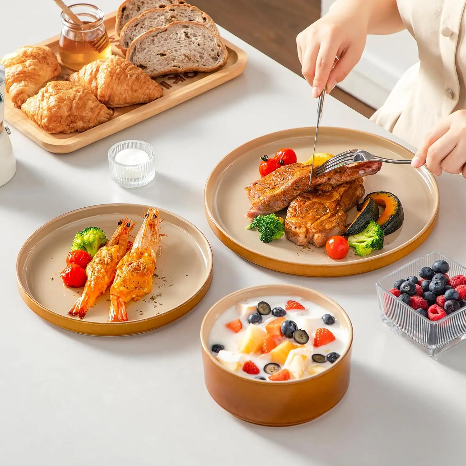 ONION セラミックプレートとボウルセット、24ピースブラウン食器セット（キッチン用）、リアクティブグレーズ食器セット（8人用）、食器洗い機対応