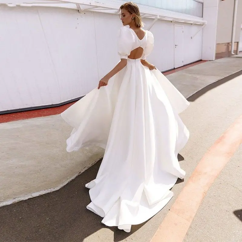 Simple Satin Wedding Dresses Beach Short Puffy Sleeves Backless A-Line Boho Bridal Gowns Princess 2026 Vestidos De Novia