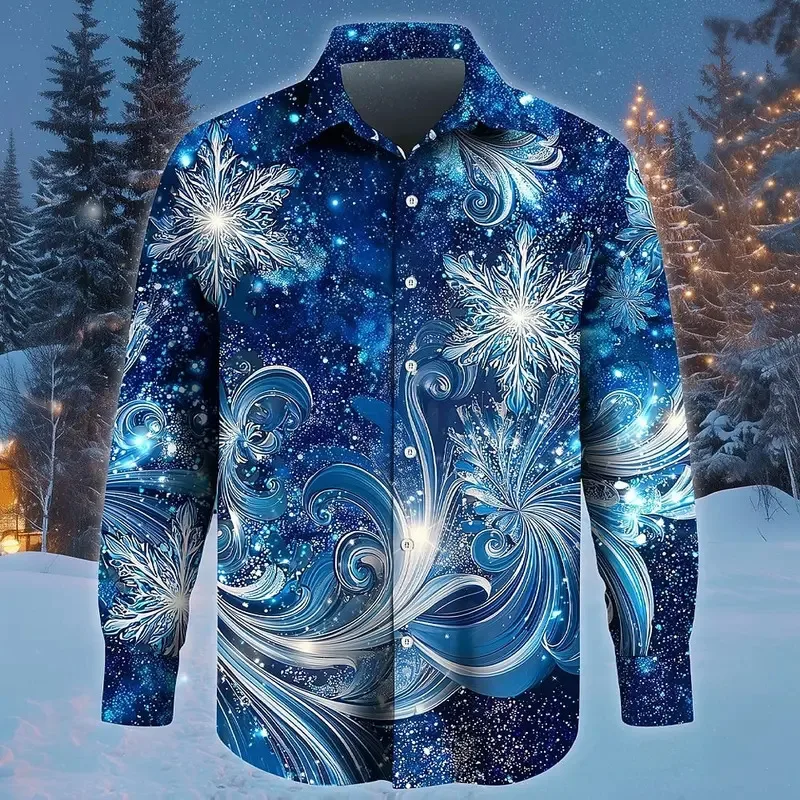 Chemise à manches longues pour hommes, chemise de Costume de noël flocon de neige pour hommes, Streetwear décontracté, confortable, chemises ajustées en Polyester
