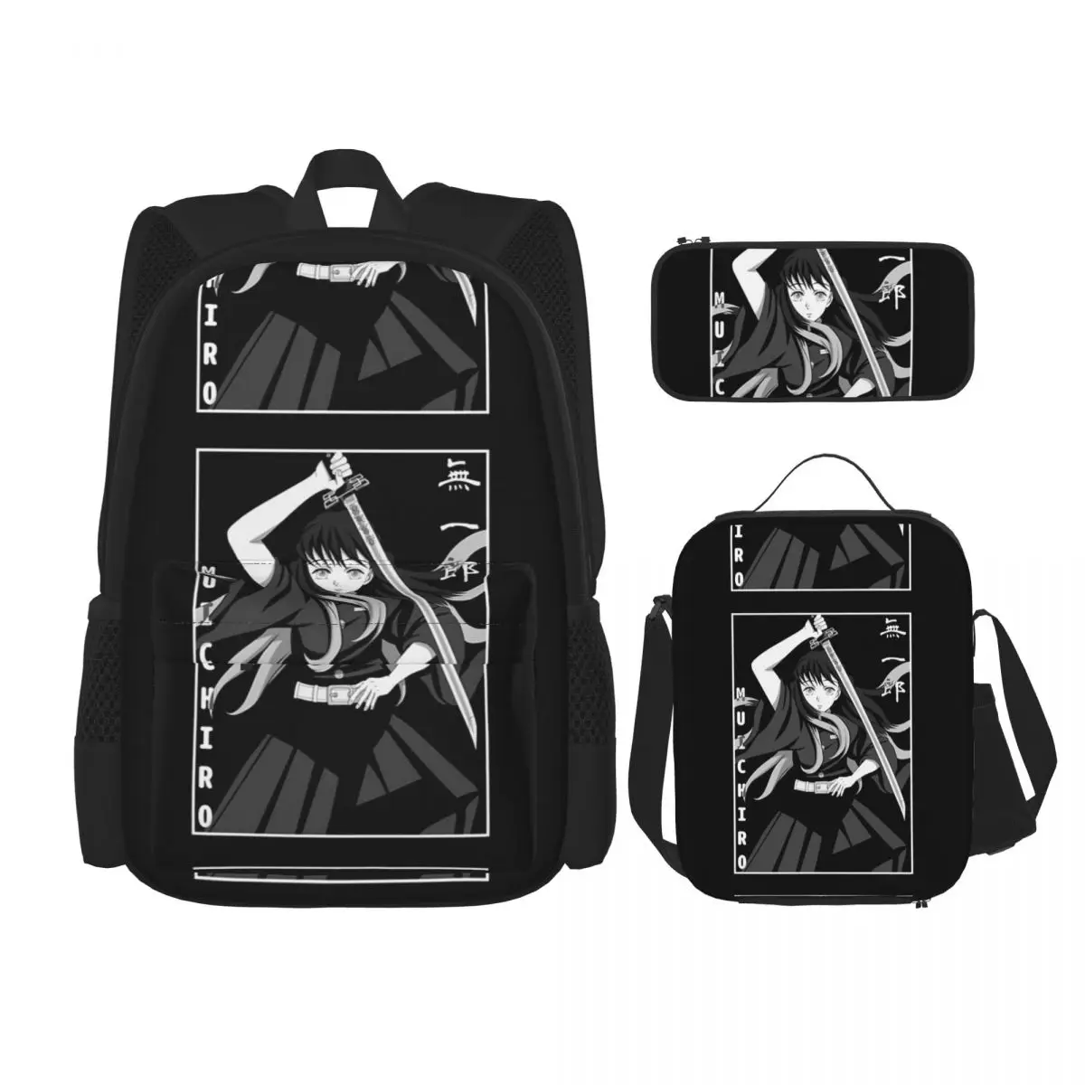 

Muichiro Tokito Backpacks Boys Girls Bookbag Students School Bags Cartoon Kids Rucksack Lunch Bag Pen Bag Three-Piece Set