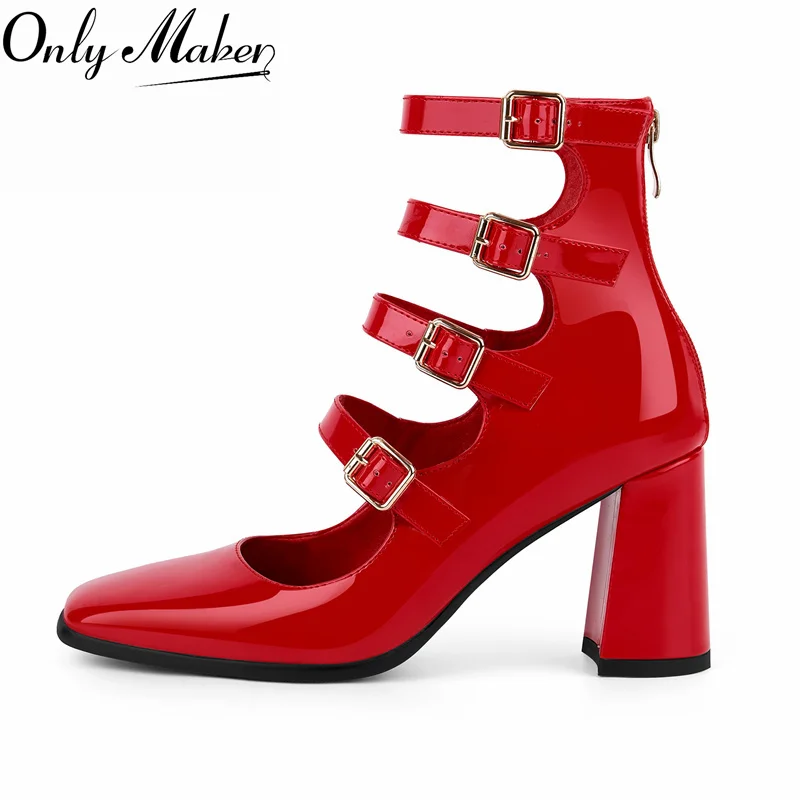 

Туфли-лодочки Onlymaker с квадратным носком из лакированной кожи, с множеством ремешков и пряжек, на массивном каблуке, в стиле Мэри Джейн, с задней молнией, закрытый носок