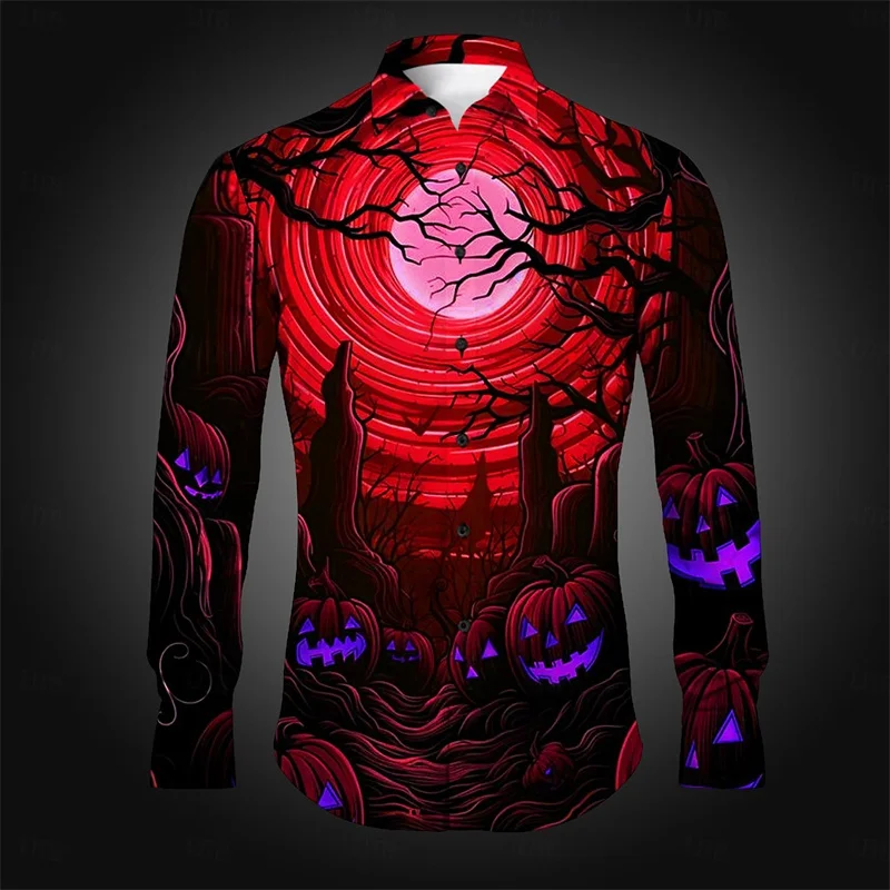 Halloween Pumpkin Ghost Face Horror Men\'s Shirt Button Lapel Shirt Long Sleeve Party Evening Autumn Shirt 3D Printing Thin 6XL