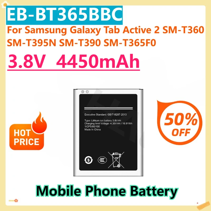 

For Samsung Galaxy Tab Active 2 SM-T360 SM-T395N SM-T390 SM-T365F0 3.8V 4450mAh EB-BT365BBC EB-BT365BBE Battery