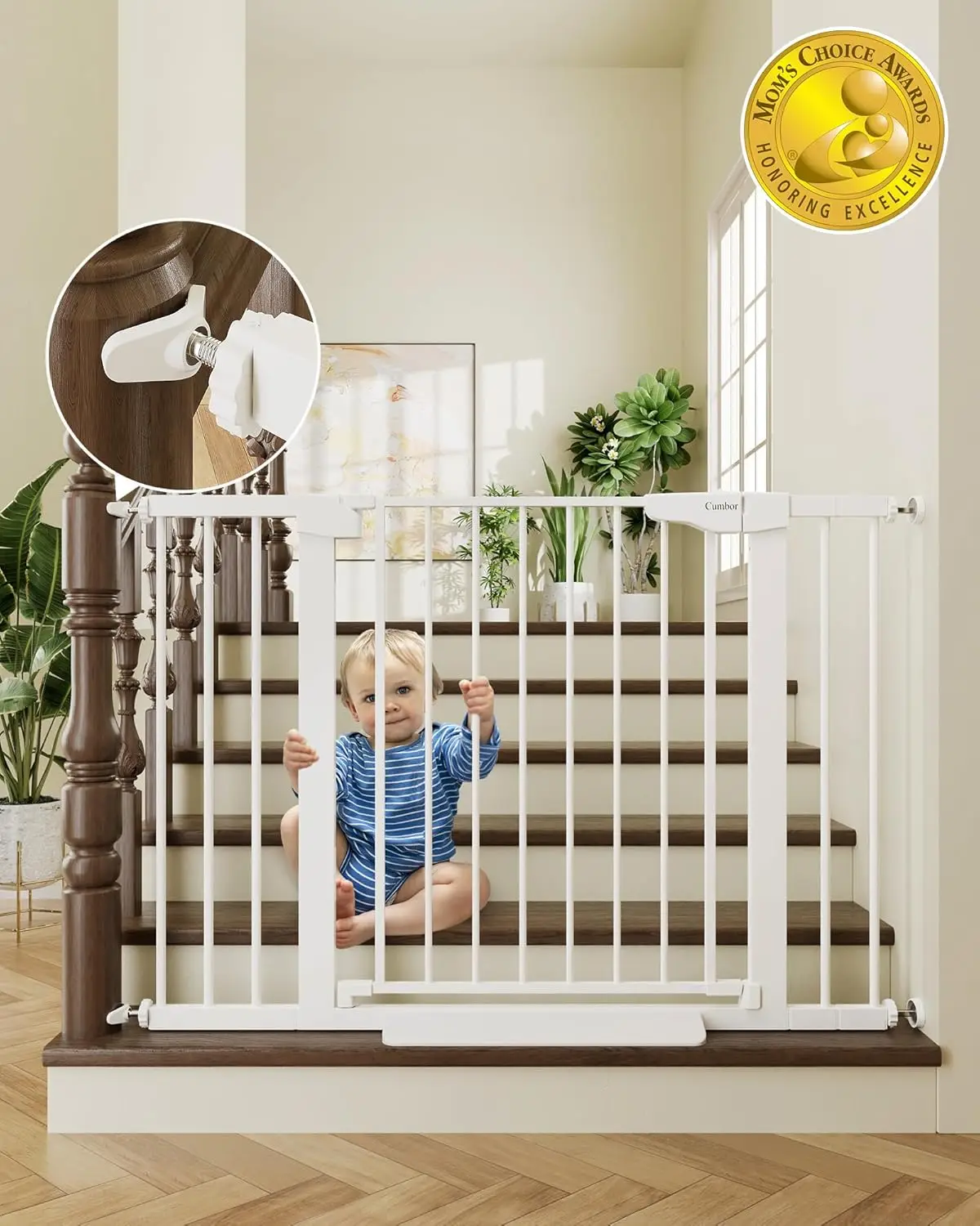

Auto-Close Baby Gate for Stairs, 30-46" Wide, Pressure Mount or Hardware Mount, Safety Gate for Toddlers & Pets, White
