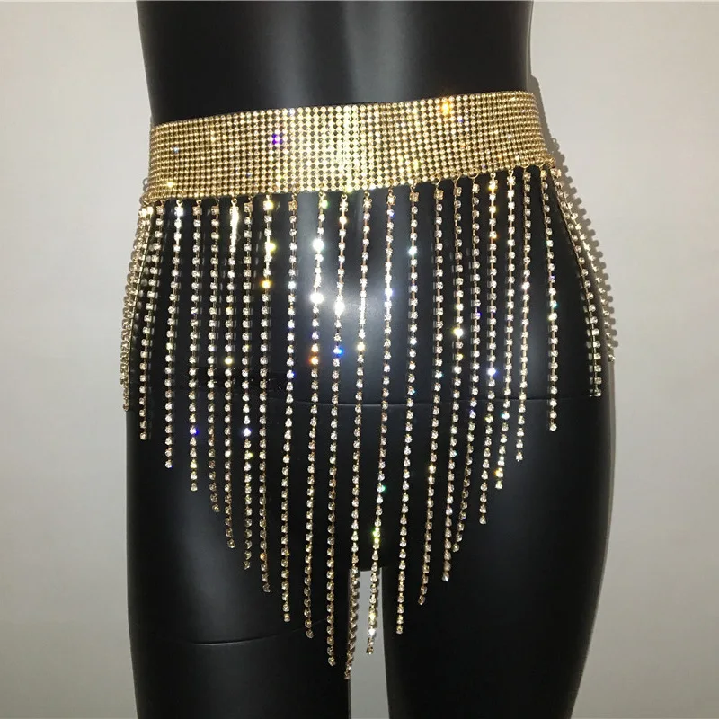European And American Women's Waist Chain Fashion Tassel Body Chain Super Sparkling Rhinestone Half Skirt For Women