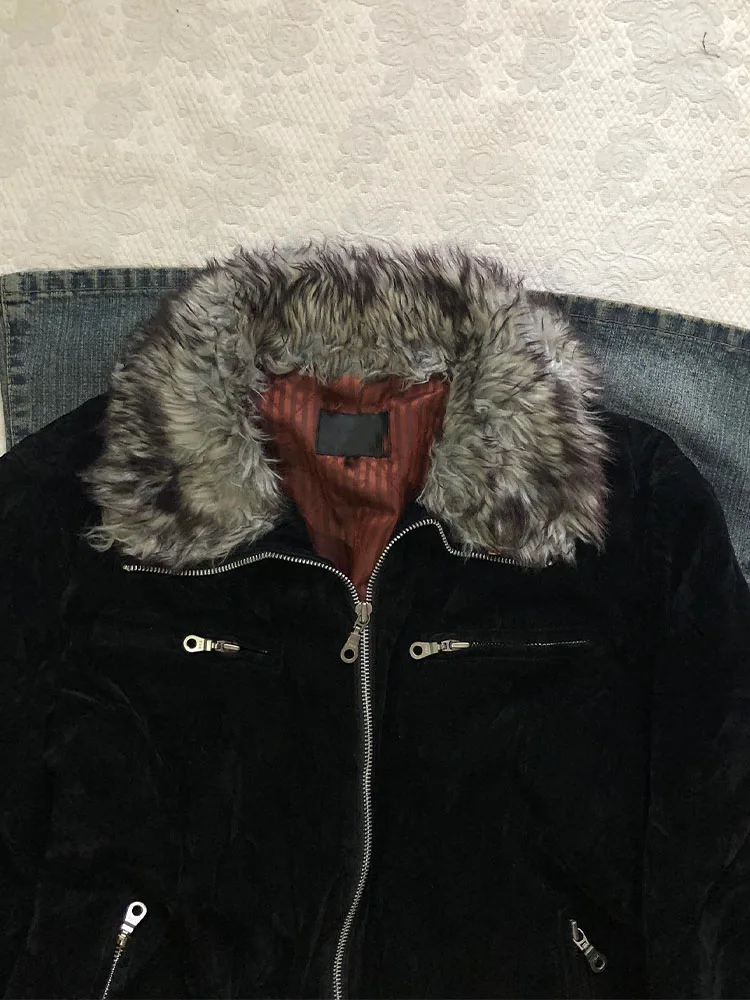 Thiened Bla Pelzkragen-Jacke Weiße Birnbaum-Ranke Retro Amerikanischer Stil Warm Modisch Herbst Winter Oberbekleidung Pendler-Stil