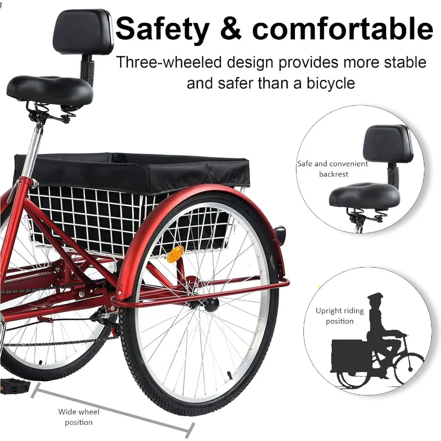 24 26 دراجة ثلاثية العجلات للكبار 7 سرعات 3 عجلات دراجات جبلية ثلاثية العجلات مع سلة مسند الظهر مقعد لكبار السن والنساء والرجال متعددة #4