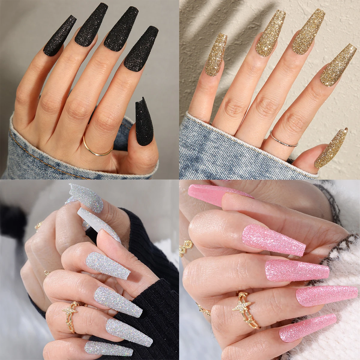 4 Packs Boxes (96 Pcs)Bling Glitter Powder Press on Nails Long Coffin Fake Nails Gold Ballerina Shape Acrylic False Nails Glue