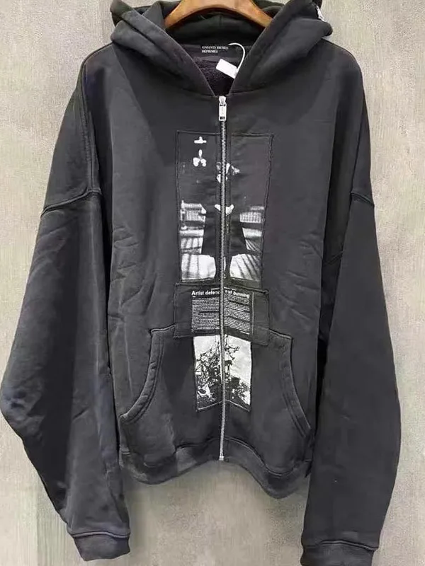 

Модная толстовка с капюшоном и застежкой-молнией с заплатками для мужчин и женщин, хлопковая повседневная верхняя одежда для осеннего сезона, узор персонажа