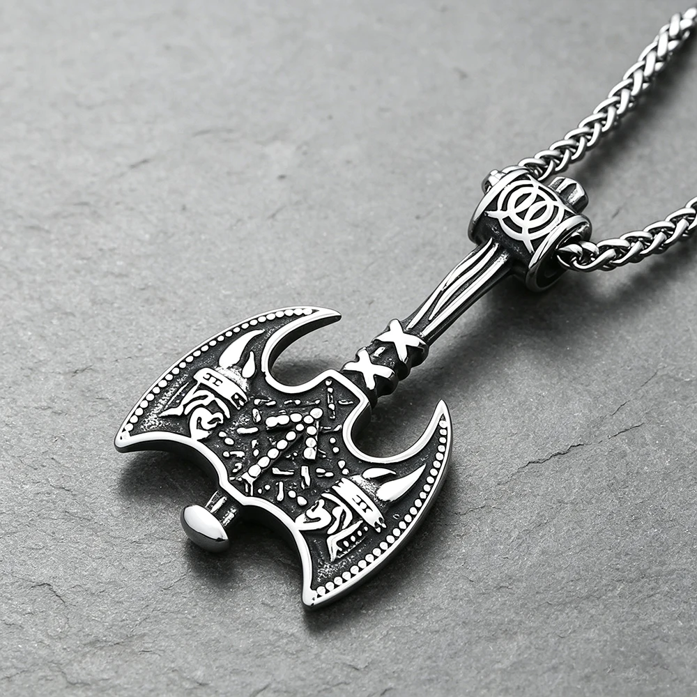 Viking Double Bladed Battle Axe Pendant Necklace Unisex Ancient Combat Talisman Stainless Steel Jewelry Gift Dropshipping