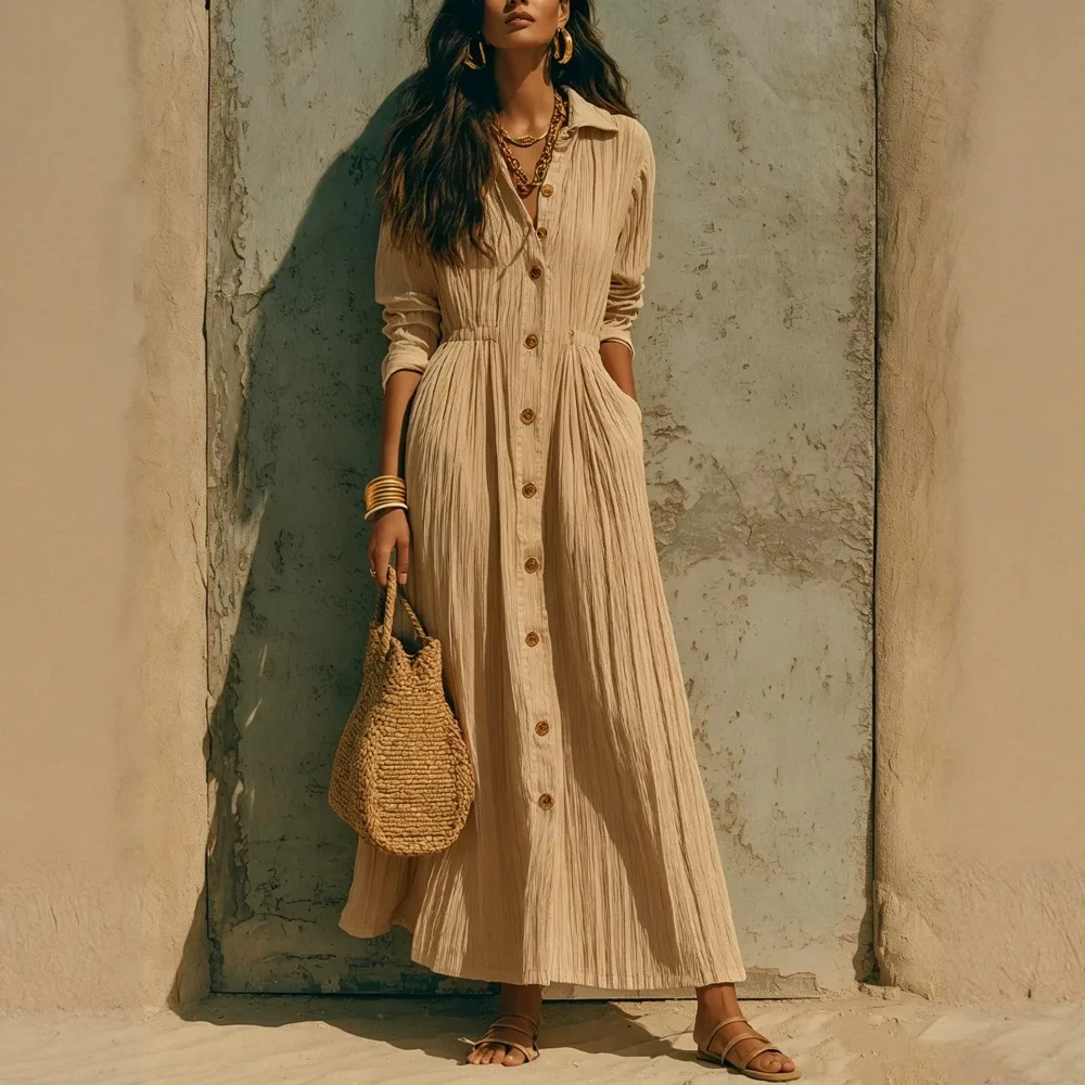 Women's Elegant Shirt Maxi Dress Lapel Long Sleeve Button Front Pleated Textured Casual Vacation Loose Plus Size Ladies Dress