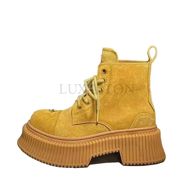 Ginger Thick Retro Anckle Boots Genuine Leather Punk Lace-up Fashion Neutral Street Big Round Toe Women Shoes Hight Increasing