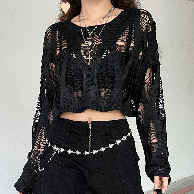 

Women's Black Gothic Hollow Out Cropped Pullover - Vintage Thin Knit Girlish Casual Streetwear All-Match