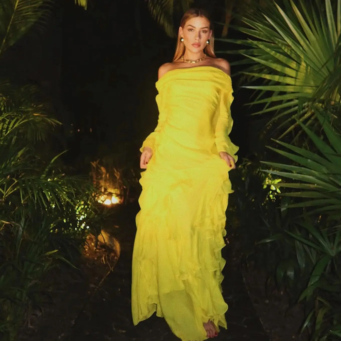 

Off Shoulder Long Sleeve Ruffled Evening Dress Floor Length Woman Clothes Ever Pretty Yellow Prom Dresses Straight Long Gowns