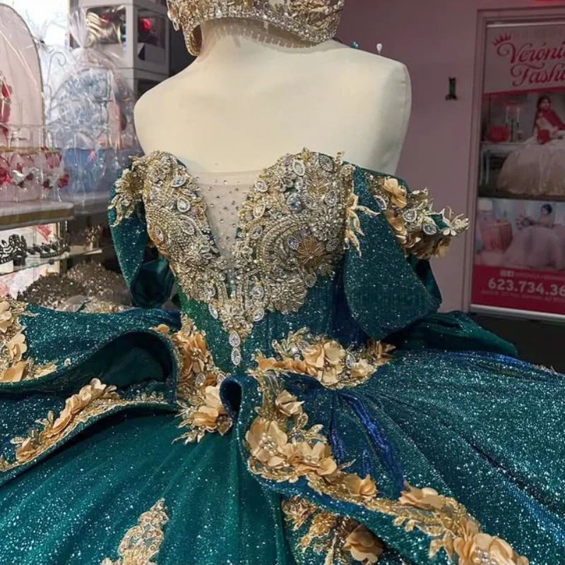 

Customized blackish green Quinceanera Dresses Off the Shoulder golden applique Tull Long tail 3D flower Vestido 15 Quinceanera