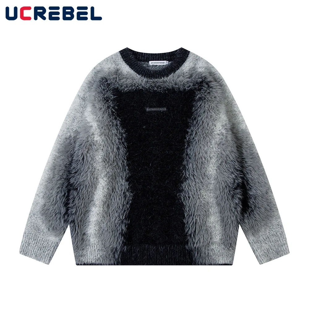 

Mohair Knitted Sweater Mens Spliced High Street Autumn Winter Loose Long Sleeve Crew Neck Pullover Men