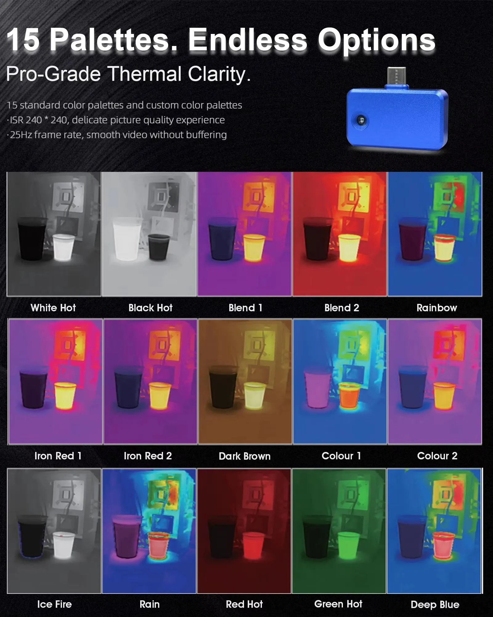 Thermal Camera for Phone 96x96 IR, 240x240 Super Res, -20~600°C, USB-C Android/iOS, 15 Palettes, 40mK, Manual Focus