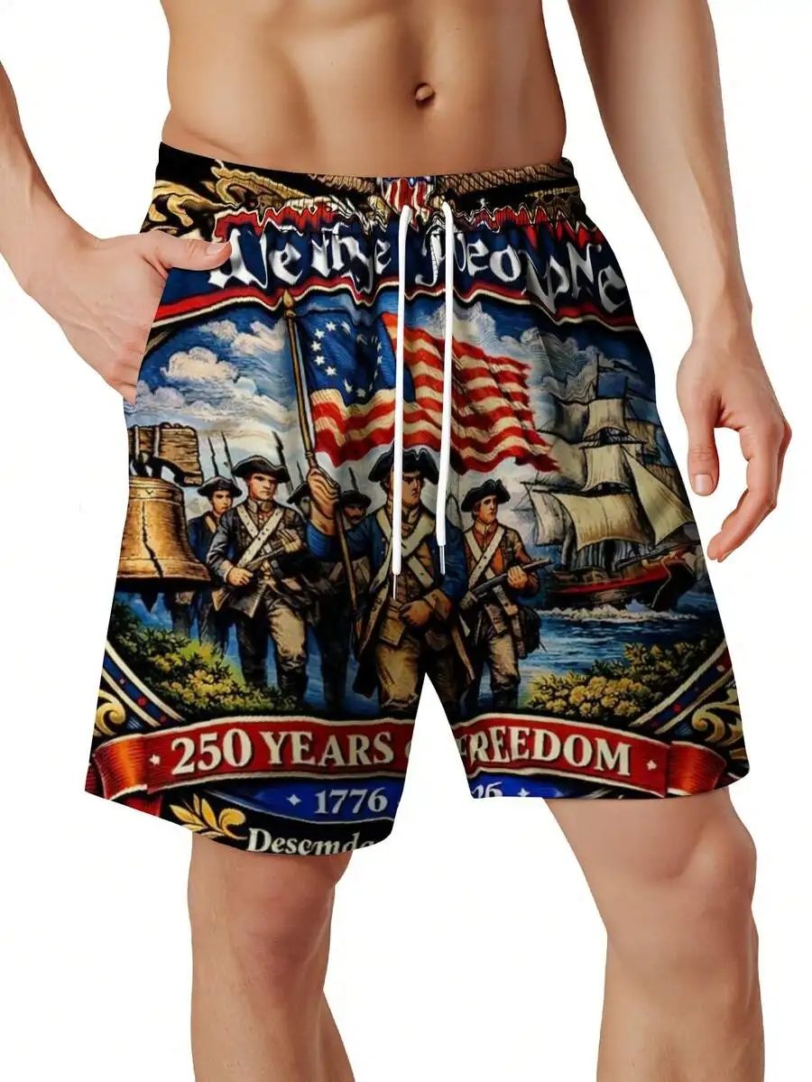 

Men Patriotic Swim Trunks 250 Years Freedom 1776 2026 Liberty Bell Revolutionary Soldiers Print Beach Shorts