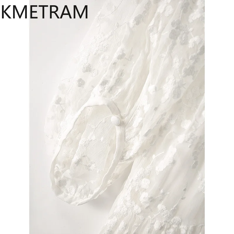 KMETRAM-Vestido Branco de Seda High End Mulberry para Mulheres, Vestidos Bordados Ocos de Verão, Roupas Femininas Linha A