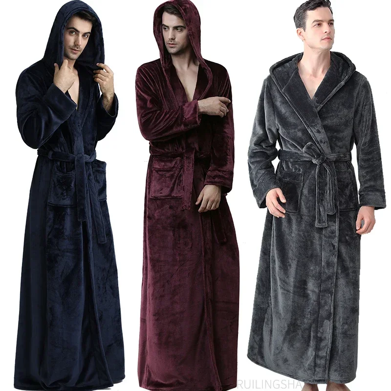 

Winter Men Women Hooded Extra Long Warm Flannel Bathrobe Plus Size Thermal Velvet Bath Robe Coral Fleece Dressing Gown Sleepwear